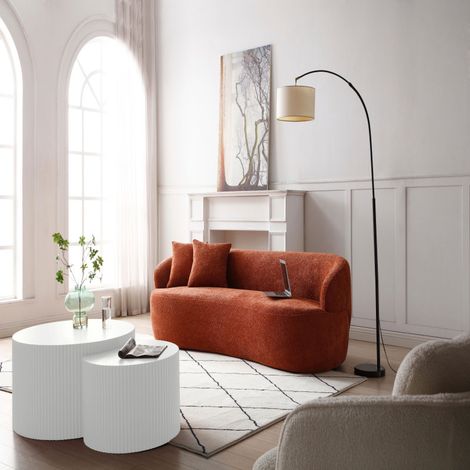 Ensemble de 2 tables basses gigognes modernes en MDF blanc mat, table d'appoint demi-lune avec bord ondulé, gain de place, combinable, pour salon, chambre, grand format : φ80 (1/4)