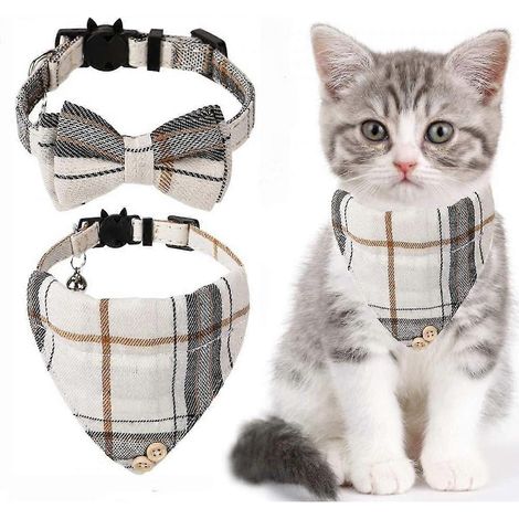 Collier pour chat Shxx avec nœud papillon et bandana - Lot de 2 colliers classiques à carreaux vichy avec foulard et nœud papillon - Taille ajustable avec clochette Xq-xq81 (1/5)