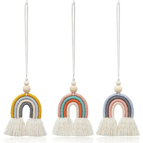 Lot de 3 petits macramés arc-en-ciel, tenture murale arc-en-ciel tissée à la main, avec perles en bois, macramé à quatre brins pour la décoration de la chambre d'enfant, du salon ou de la chambre à co (1/5)