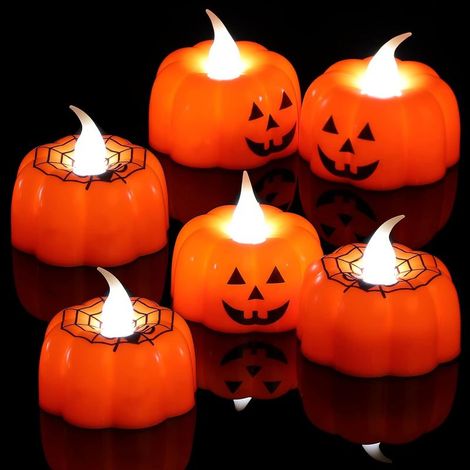 Bougies chauffe-plat citrouille et araignée, lot de 6 bougies LED 3D sans flamme à piles, blanc chaud (3 citrouilles + 3 toiles d'araignée) (1/5)