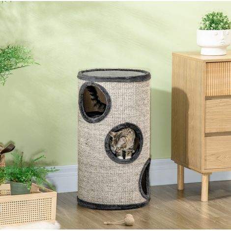 Torre rascador para gatos de 3 niveles, sisal, 38 x 38 x 70 cm, gris claro, OKWISH (1/5)
