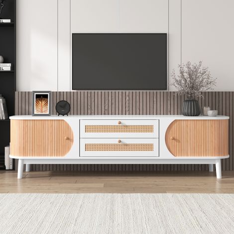 Mobile TV in Legno Naturale con Ante e Cassetti, Lati in Rattan, Contenitore (1/5)
