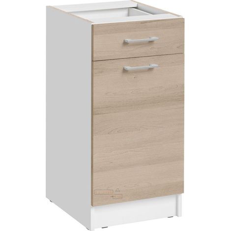 Cuisineandcie – Meuble bas de cuisine chêne naturel 1 porte 1 tiroir L 40 cm – Amortisseurs pour fermeture douce – Rangement peu encombrant