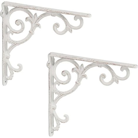 Équerre étagère Murale, Lot de 2, Support en Fonte de Fer, Ornements baroques, Vintage, Blanc (1/5)