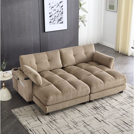 Sofá de 2 plazas (224x140x81 cm), modular, con portavasos, bolsillos laterales, cojines, pana, khaki (1/5)
