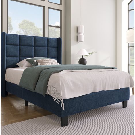 Cama tapizada 90/200 cm azul de lino con cabecero acolchado y somier (1/5)