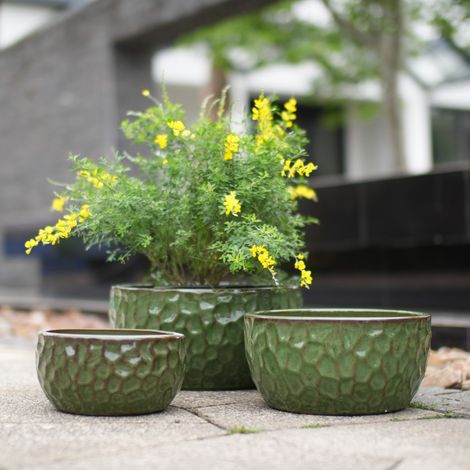 Ensemble de 3 pots de fleurs en céramique émaillée faits à la main (Ø 38,1/30,5/25,4 cm), vert, motif martelé, idéal pour bambou/figuier, intérieur/extérieur, terre cuite respirante avec trous de drai (1/5)