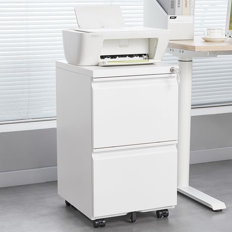 Caisson-Métal-2-Tiroirs-Serrure-Mobile-Blanc-Organisation-Bureau-Dossiers-Légaux/Lettre-39x45x67.5(cm) (1/5)