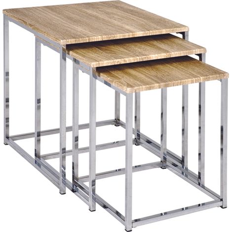 Lot de 3 tables en acier chromé, plateaux en MDF décore chêne clair