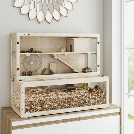 Gabbia per criceti, 3 livelli, casetta, accessori, 100 x 50 x 84 cm, per più piccoli animali, legno, plastica (1/5)