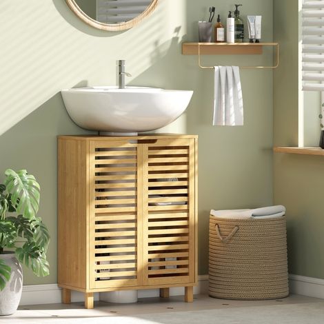 Meuble sous lavabo 60x30x80 cm en bambou naturel, avec rangement pour salle de bain FloraGrace (1/5)
