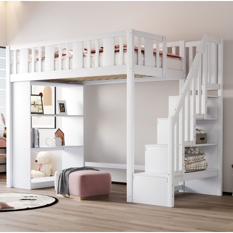 Letto a soppalco in legno bianco 90x200 cm con scala contenitore, 3 vani portaoggetti e rete a doghe inclusa (1/5)