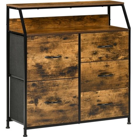 Industrial 5-Drawer Fabric Dresser with Open Shelf for Bedroom and Living Room,Rustic Brown Storage Solution
