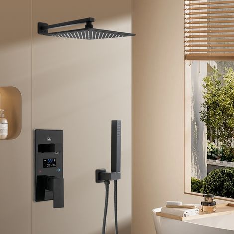 Système de douche encastré noir, ensemble de robinetterie de douche à effet pluie, ensemble de douche en acier inoxydable de 12 pouces, équipé d’une pomme de douche carrée de 30 × 30 cm (1/5)