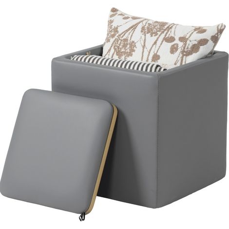 Pouf de rangement carré avec coffre, assise confortable en cuir régénéré gris, 40 x 40 x 40 cm, 44 L, sans montage, idéal salon chambre bureau CHICFURN (1/5)
