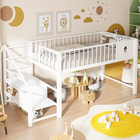 lit enfant lit mezzanine rangement 90x200 métal blanc OKMYHOME (1/3)