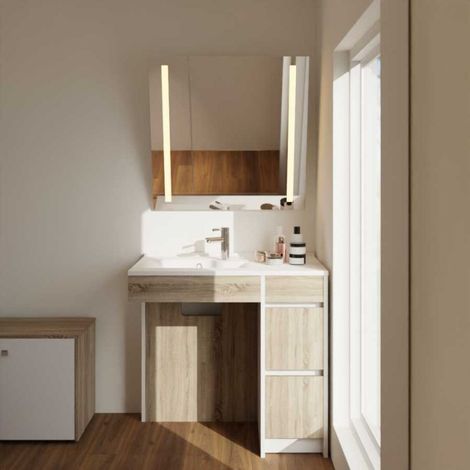 Meuble salle de bain PMR ANDY PLUS 90 cm bois et blanc + miroir Motory- Vasque à gauche (1/5)