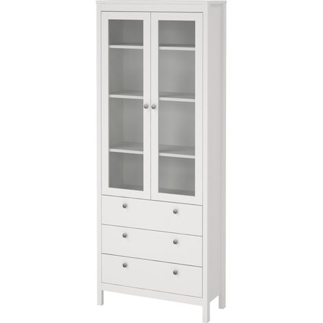Madrid Vitrinenschrank 2 Glastüren 3 Schubladen weiß.