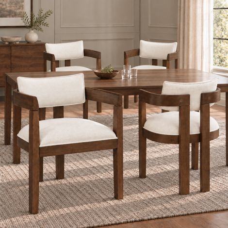 Lot de 4 Chaises de Salle à Manger en Bois Massif Finition Noyer et Lin avec Accoudoirs Assise Respirante Fauteuil de Table Salon (1/5)