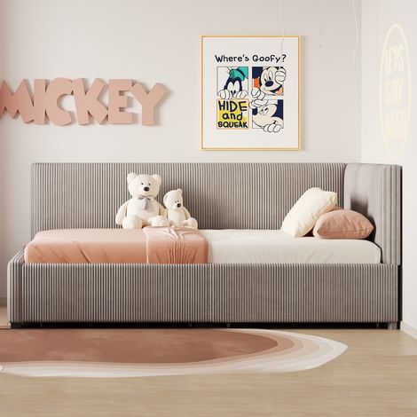 Lit banquette 90x200cm en velours gris avec sommier à lattes et 2 grands tiroirs de rangement (1/5)