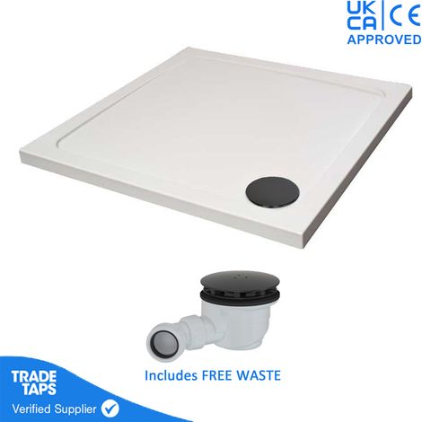 1000 x 1000mm White Square 45mm Low Profile Shower Tray with Matt Black Waste