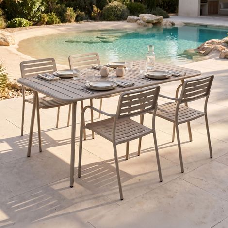 Table de jardin + 4 fauteuils empilables en métal taupe - BACA (1/5)