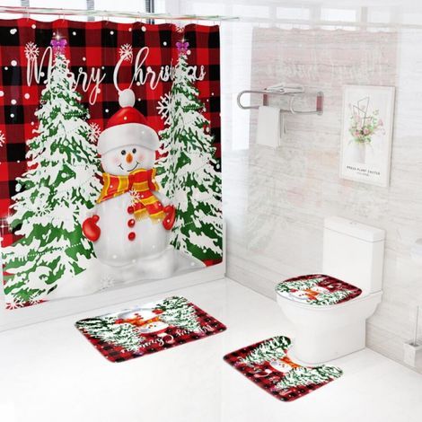 Ensemble de rideau de douche sur le thème de Noël, comprenant un tapis antidérapant, un siège de toilette et 12 crochets - motif camion rouge vintage. (1/5)
