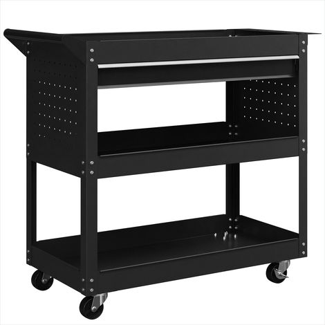 Chariot d'atelier 3 niveaux en acier noir 82x35x76 cm avec tiroir et roues (1/5)