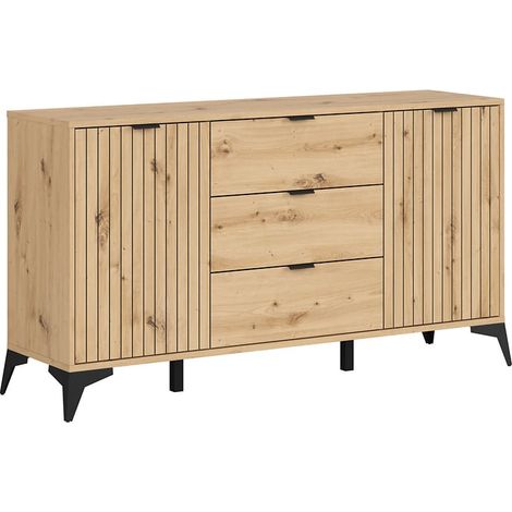 Commode Buffet à 2 portes et 3 tiroirs,coloris Chêne artisan - Longueur 150 x Profondeur 41 x Hauteur 83 cm (1/5)