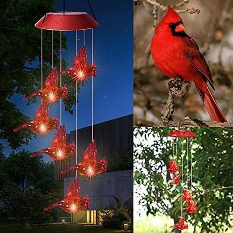 Carillon éolien solaire Cardinal rouge, guirlande lumineuse solaire suspendue avec 6 colibris aux couleurs vives, décoration de jardin LED multicolore pour la maison, les fêtes et les soirées. (1/5)