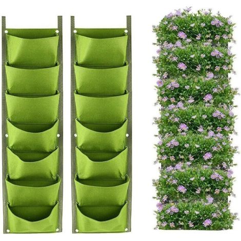 Hanging Planter Bags, 2-Pack Vertical Hanging Wall Planter with 7 Pockets, Indoor/Outdoor Gardening Grow Bags, Vertical Green Flower Pot (Green) (1/5)