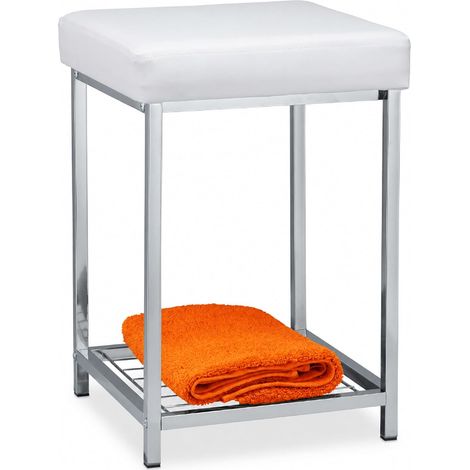 Tabouret rembourré, Petit siège, carré, Repose-Pieds avec Rangement, Salle de Bain, HLP 47 x 33 x 33 cm, Blanc (1/5)