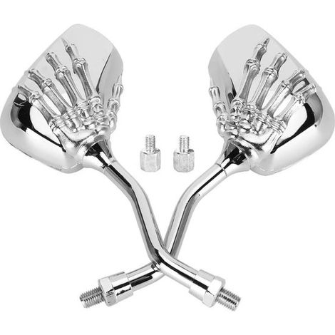Espejos retrovisores para motocicleta Qiilu，2 espejos cromados con roscas de 8 mm y 10 mm，reflector para manillar con forma de mano de calavera (1/5)
