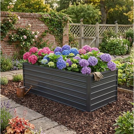 Vaso da giardino rialzato 190x90x64 cm in metallo, fondo aperto, struttura stabile, per orto, nero (1/5)