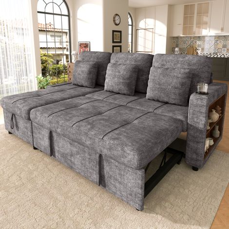 3-Sitzer Schlafsofa Klappbar - Multifunktionales Ausziehsofa aus Chenille mit Bettkasten, Armlehnen-Regal & Becherhalter - Moderne Couch für Wohnzimmer, Apartments & Gästezimmer (1/5)