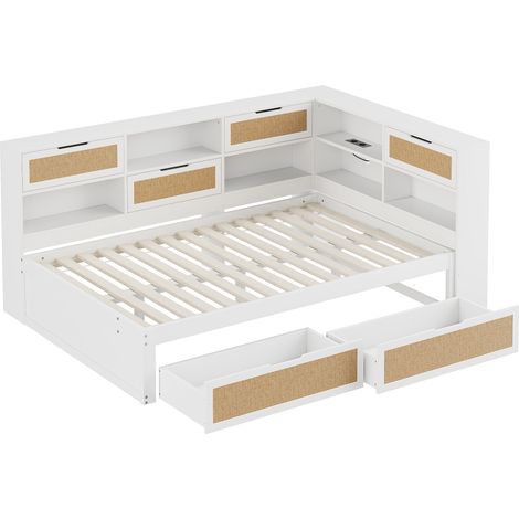 Sofá cama multifunción 140 x 200 cm blanco con cajones y puertos USB (1/5)