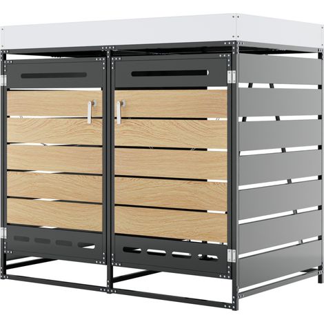 Armoire de rangement jardin en fer avec jardinière intégrée et ventilation, 2 compartiments pour poubelles, finition bois horizontale, noir (1/5)