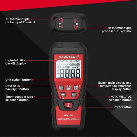HABOTEST HT617B 2-Kanal-Digitalthermometer, tragbares Temperaturmessgerät zur Messung der Flüssigkeitstemperatur