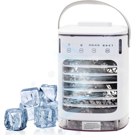 Mini climatiseur mobile avec 4 niveaux de vent et 7 couleurs LED, portable, avec grand réservoir d'eau (jusqu'à 2 heures d'autonomie), fonctionnement USB, silencieux pour bureau, maison, camping (1/5)