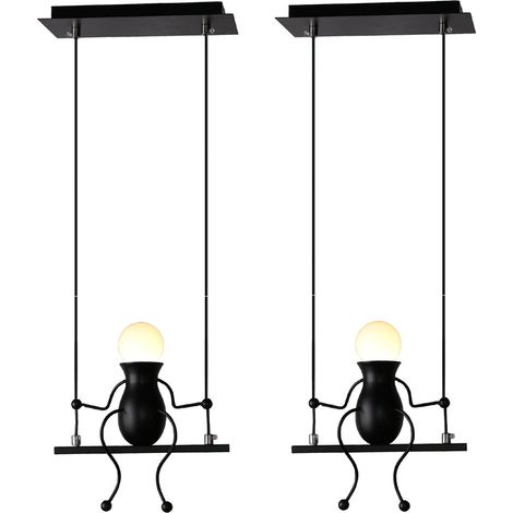 2 Stücke Kreativ LED Pendelleuchte Modern Humanoid Hängelampe E27 Höhenverstellbar für Kinder Zimmer, Treppen, Flur, Küche, Wohnzimmer(Schwarz)