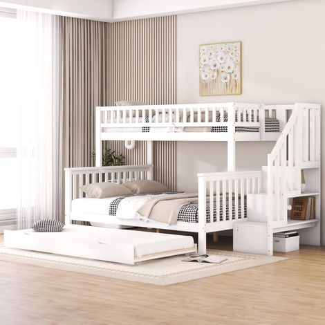 Lit superposé, 90x200cm et 140x200cm, sommier à lattes (sans matelas), lit enfant, pin, lit avec coffre de rangement à roulettes et escalier, blanc, garantie 2 ans