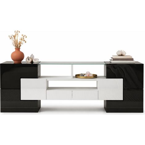 Meuble TV LED moderne 145 cm, blanc brillant et béton, 6 portes, 2 tiroirs, 3 niches, surface verre élégante, salon CHICFURN (1/5)