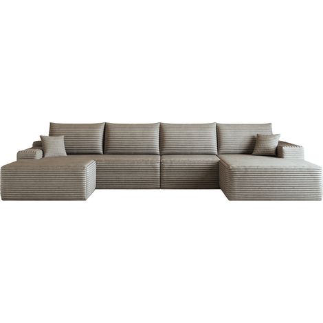 Canapé d'angle modulable 340 cm avec méridienne en forme de L, canapé 5 places en velours côtelé camel, assise profonde (1/5)
