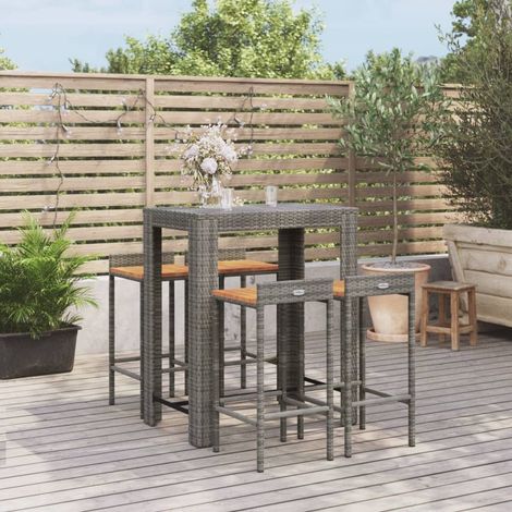 5 pcs Ensemble de bar de jardin avec coussins, Salon de jardin, Tabourets et Table gris poly rotin/bois massif acacia MKW924681 (1/5)