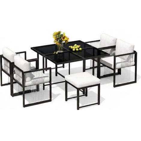 ELVMI Ensemble Table et Chaise de Jardin avec 1 Table, 4 Fauteuils et 2 Repose-pieds, Métal, Verre et Tissu, Noir et Blanc (1/5)