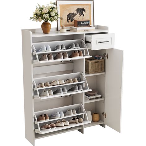 Meuble à chaussures avec étagères réglables, poignée noire, 3 abattants, tiroir et porte, blanc, rangement gain de place pour entrée moderne et organisée CHICFURN (1/5)