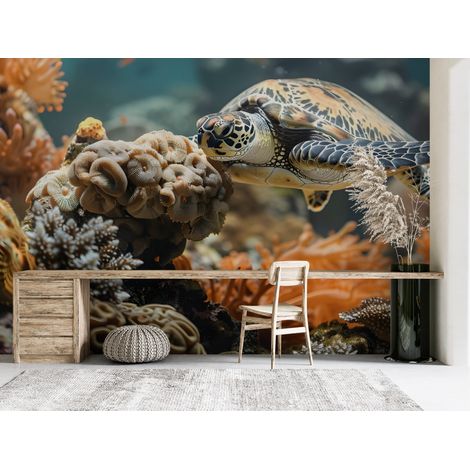 Papier peint animaux - tortue de mer se posant sur le récif - 500 x 270 cm (1/2)