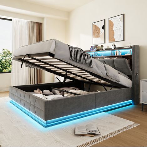 DESVIAE Lit coffre avec rangement tête de lit LED ports USB Type C velours Dark Grey 140 x 190 cm (1/5)