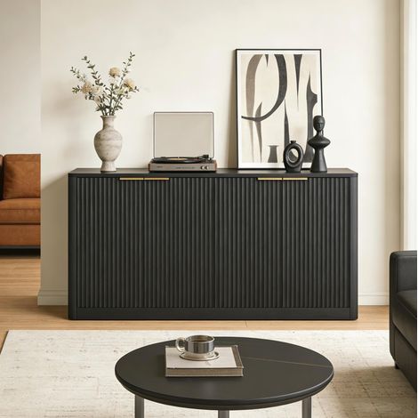 Mueble TV 150 x 40 x 70,5 cm con 4 puertas y almacenaje, MDF negro DESVIAE (1/5)