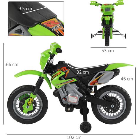 Motocicleta eléctrica para niños de 3 años en adelante, motocicleta eléctrica todoterreno con ruedines de apoyo, batería de 6 V, velocidad de 2,5 km/h, 102 x 53 x 66 cm, verde.